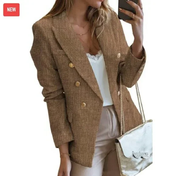 Tweed Blazer Double Breasted Long Sleeve Open Front Work Office - Picture 2 of 8